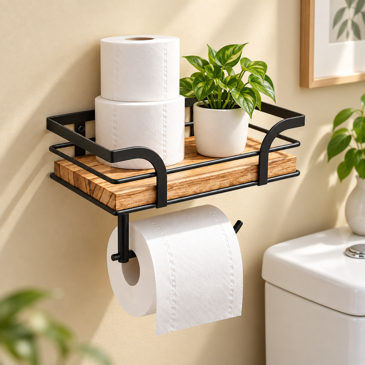 Wall-Mounted Bathroom Shelf with Towel Holder and Wrought Iron Design