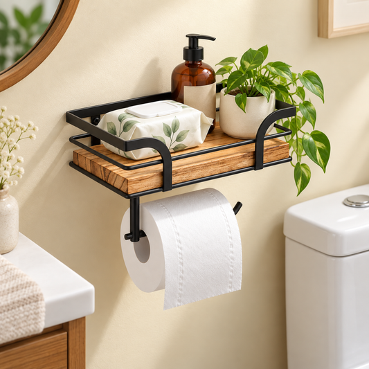Wall-Mounted Bathroom Shelf with Towel Holder and Wrought Iron Design