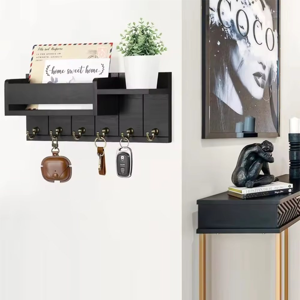 Wall Mounted Key Holder Shelf Wooden Entryway Organizer
