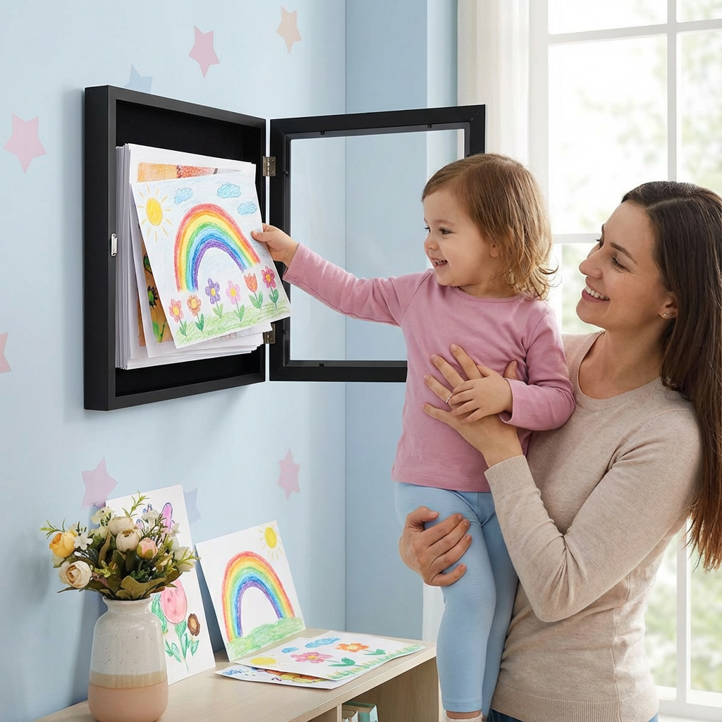 Wall Mounted Kids Artwork Display Frame with Storage