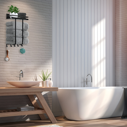 Wall Mounted Towel Rack Shelf Hook Bathroom Organizer