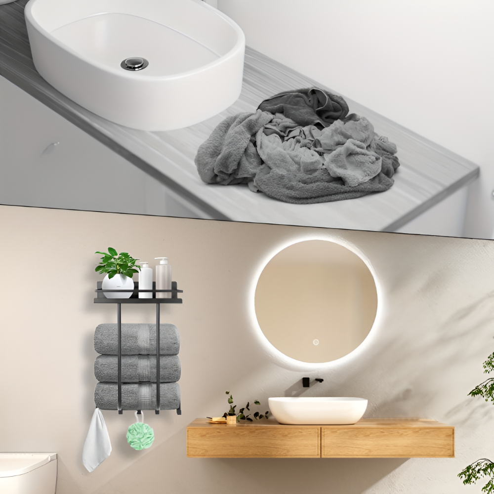 Wall Mounted Towel Rack Shelf Hook Bathroom Organizer