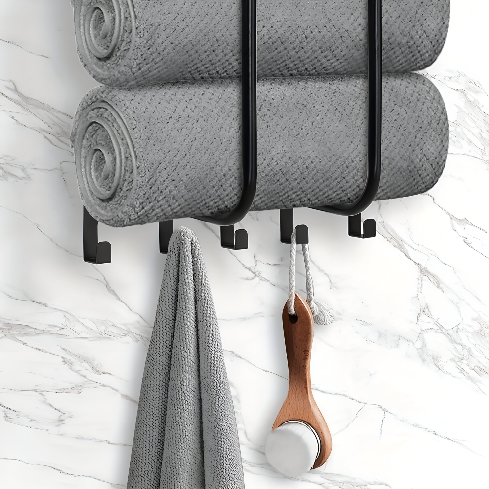 Wall Mounted Towel Rack Shelf Hook Bathroom Organizer