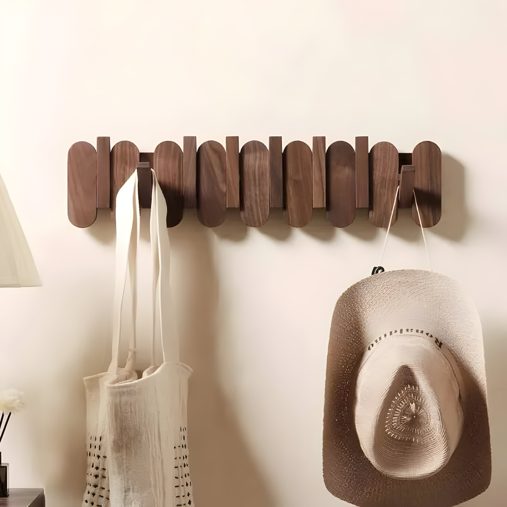 Walnut Wood Wall Coat Rack Multi Hook Entryway Organizer