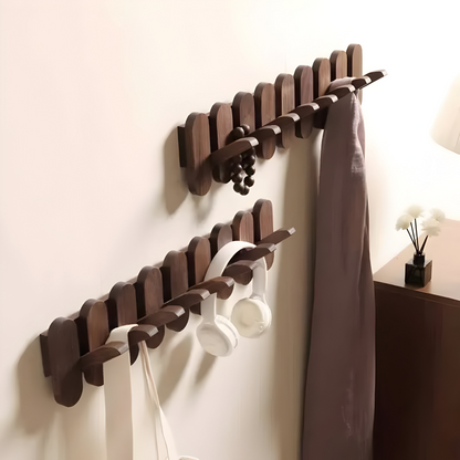 Walnut Wood Wall Coat Rack Multi Hook Entryway Organizer