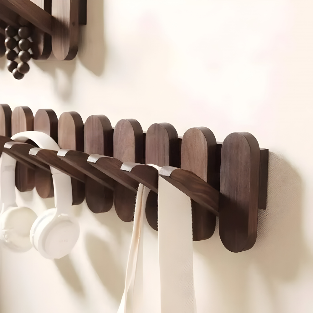 Walnut Wood Wall Coat Rack Multi Hook Entryway Organizer