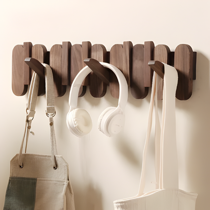 Walnut Wood Wall Coat Rack Multi Hook Entryway Organizer