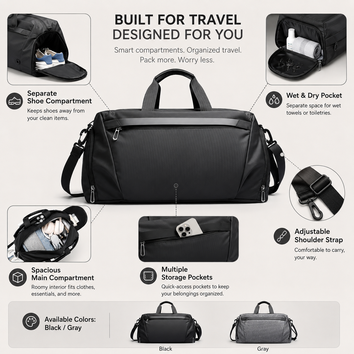 Water Resistant Travel Duffel Bag with Shoe Compartment