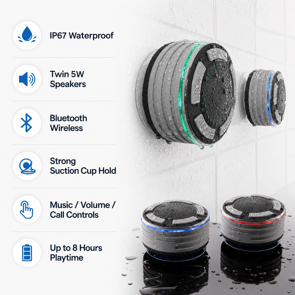 Waterdichte Bluetooth-douchespeaker met draadloze verbinding, zuignapbevestiging en tot 8 uur afspeeltijd
