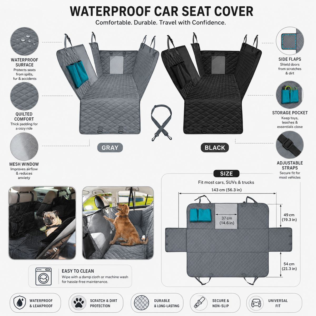 Waterproof Dog Car Seat Cover with Adjustable Straps and Non-Slip Protection