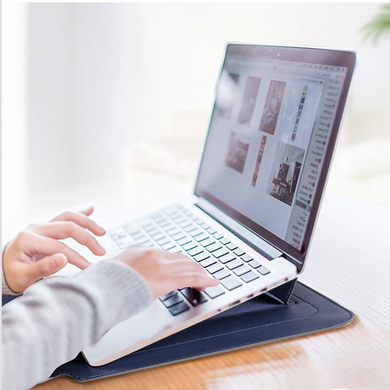 Waterproof PU Leather Laptop Sleeve with Shock Resistant Protection and Foldable Stand