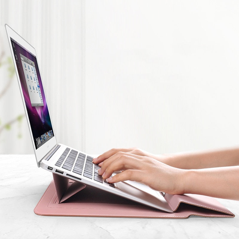 Waterproof PU Leather Laptop Sleeve with Shock Resistant Protection and Foldable Stand
