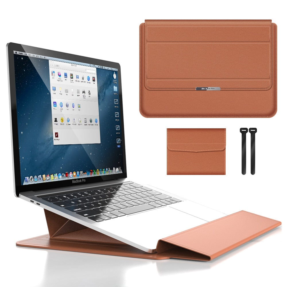 Waterproof PU Leather Laptop Sleeve with Shock Resistant Protection and Foldable Stand