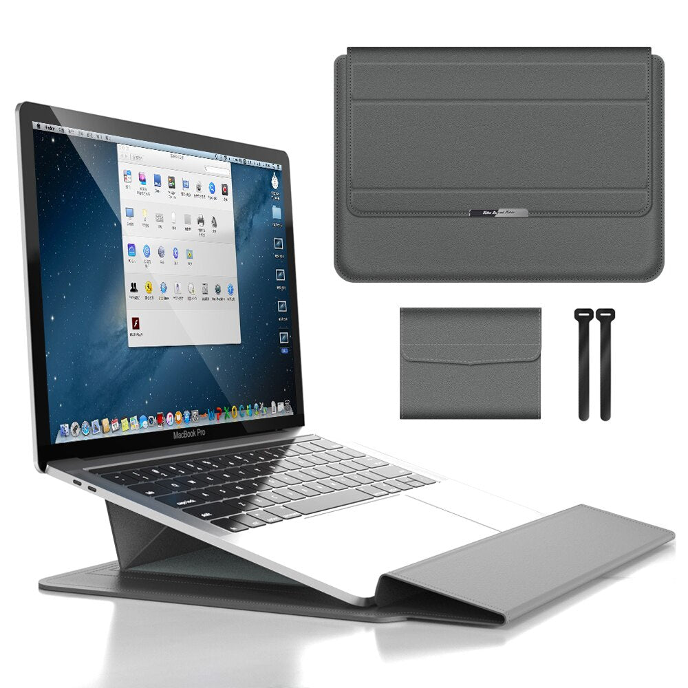 Waterproof PU Leather Laptop Sleeve with Shock Resistant Protection and Foldable Stand