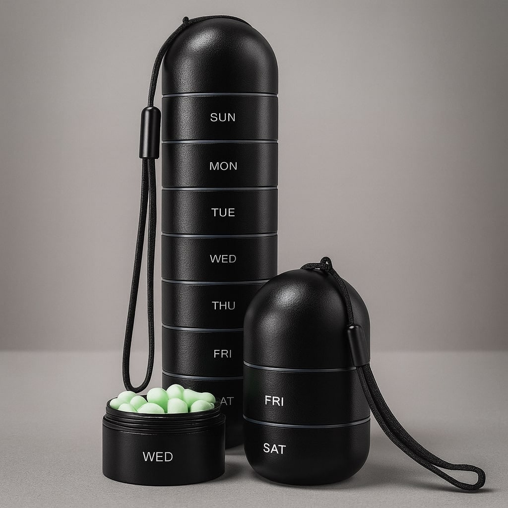 Weekly Pill Organizer Portable Aluminum Travel Storage Case Seven Compartments