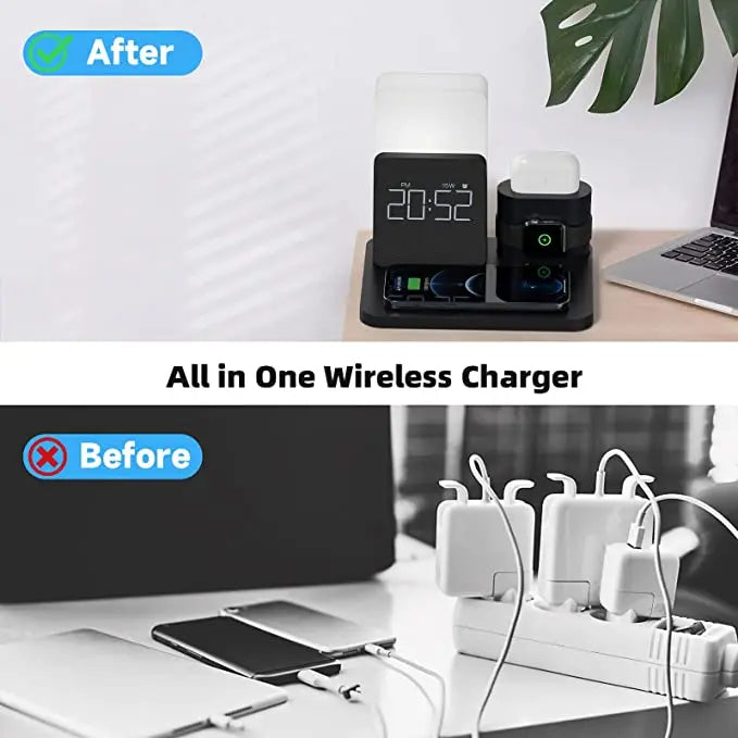 Wireless Charging Station Alarm Clock LED Lamp Multi Device Charger