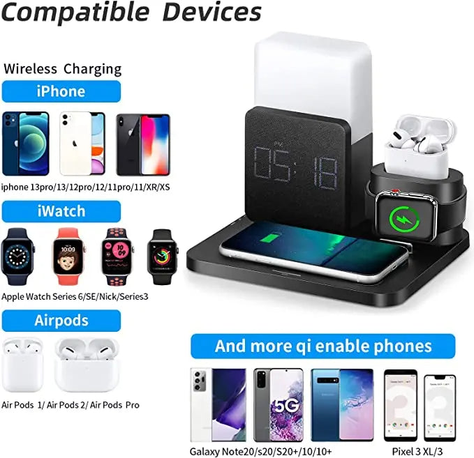 Wireless Charging Station Alarm Clock LED Lamp Multi Device Charger