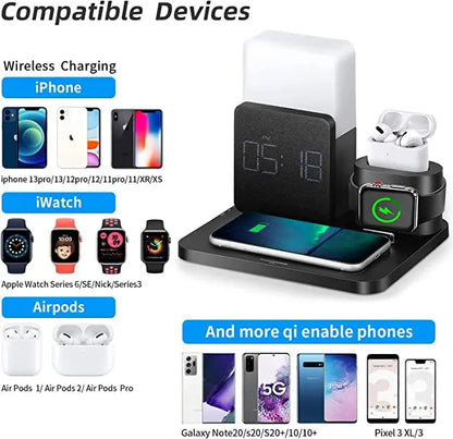 Wireless Charging Station Alarm Clock LED Lamp Multi Device Charger