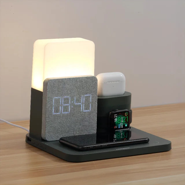 Wireless Charging Station Alarm Clock LED Lamp Multi Device Charger
