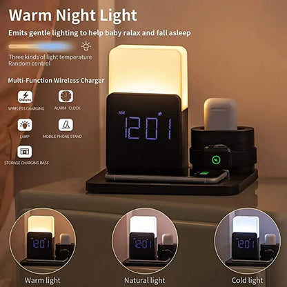 Wireless Charging Station Alarm Clock LED Lamp Multi Device Charger