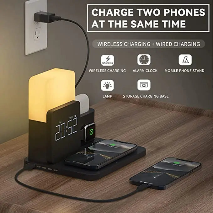 Wireless Charging Station Alarm Clock LED Lamp Multi Device Charger