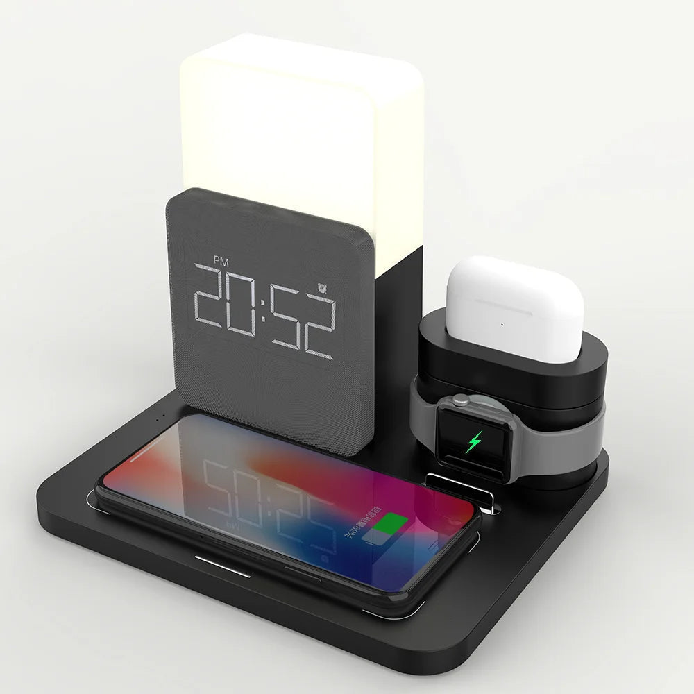 Wireless Charging Station Alarm Clock LED Lamp Multi Device Charger