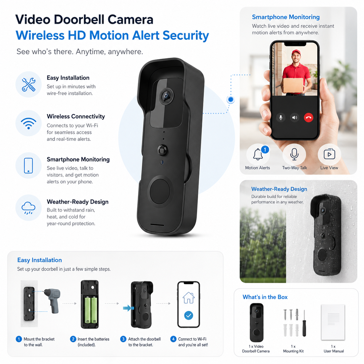 Wireless HD Video Doorbell Camera with Motion Alerts
