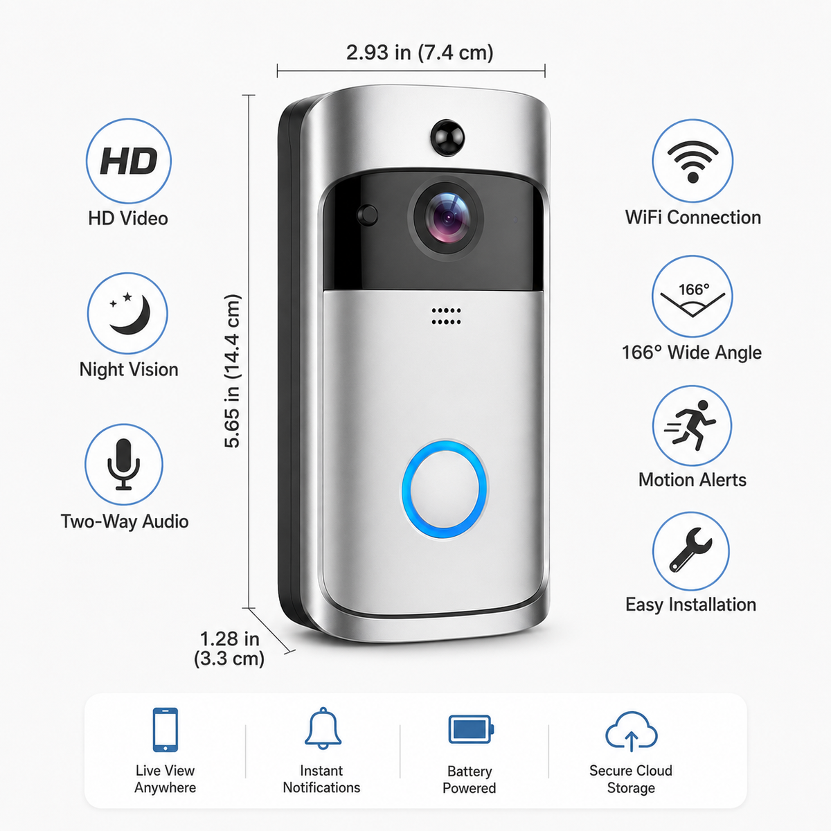 Draadloze HD-videodeurbel met wifi, nachtzicht en tweerichtingsaudio