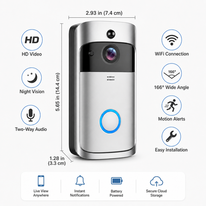 Draadloze HD-videodeurbel met wifi, nachtzicht en tweerichtingsaudio