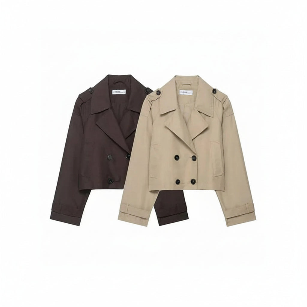 Women's Double Breasted Cropped Trench Jacket with Pockets