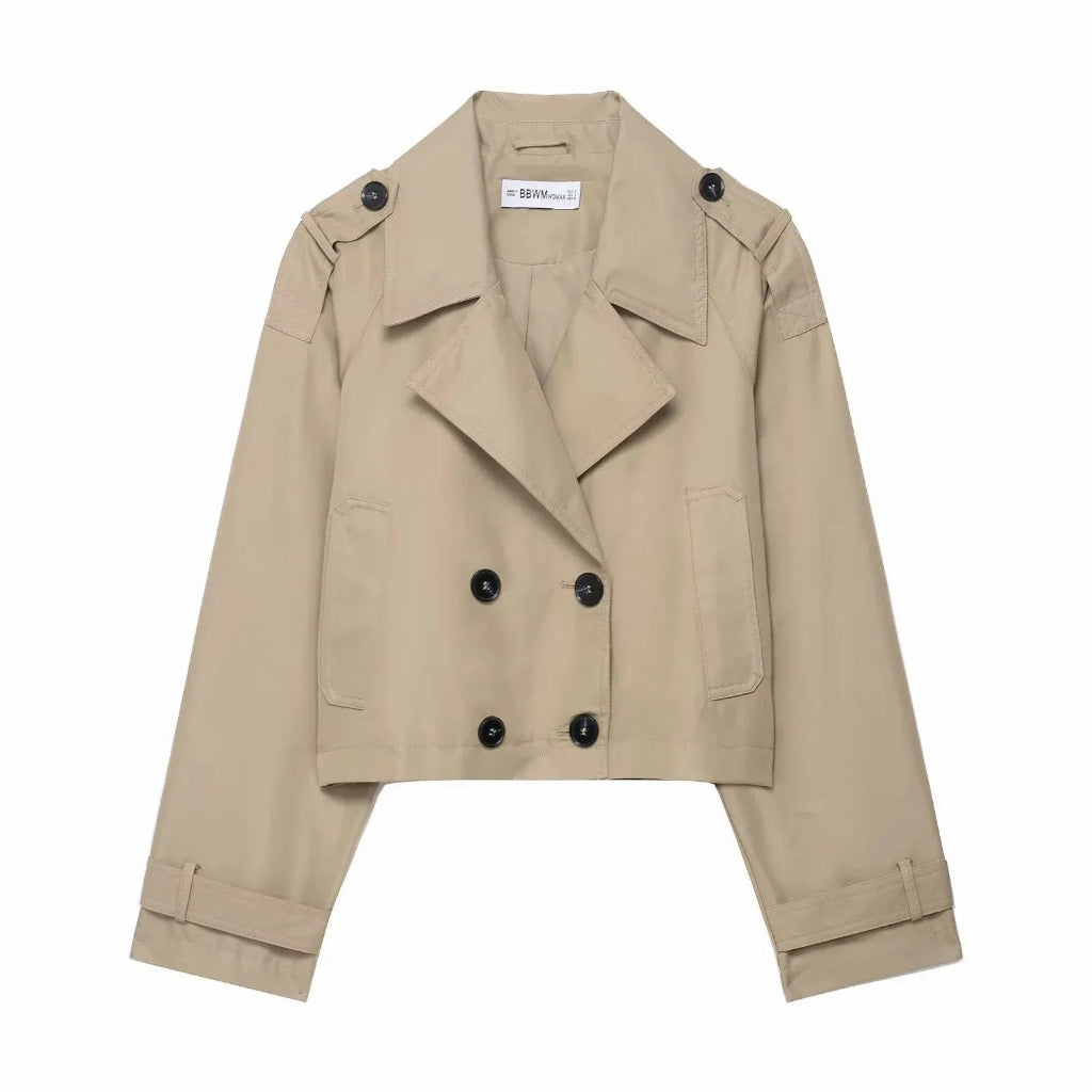 Women's Double Breasted Cropped Trench Jacket with Pockets