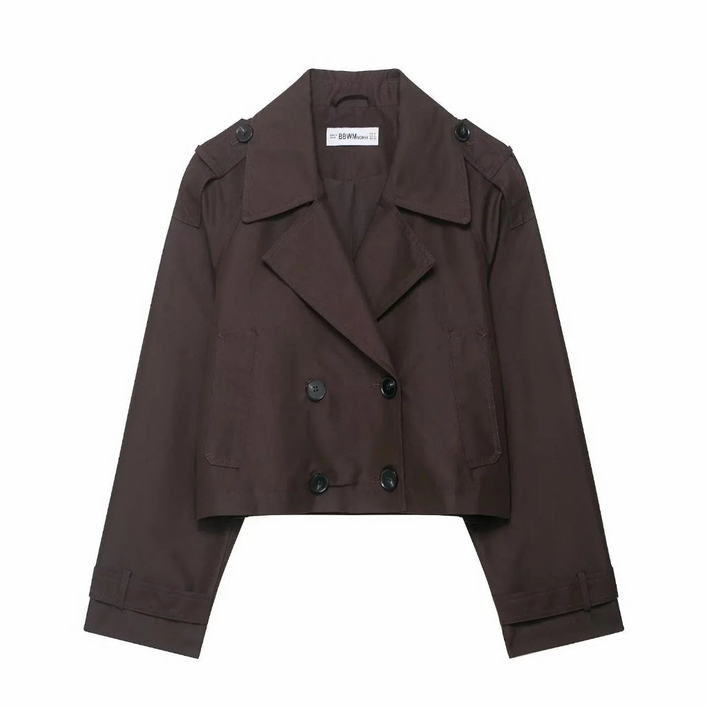Women's Double Breasted Cropped Trench Jacket with Pockets