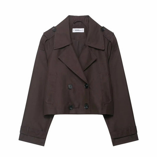 Women's Double Breasted Cropped Trench Jacket with Pockets