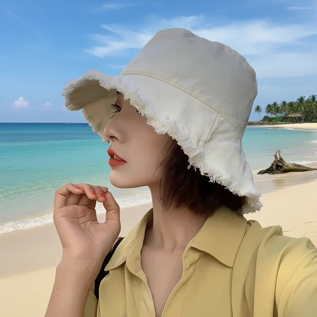 Women's Foldable Cotton Bucket Sun Hat with Wide Brim Fisherman Cap