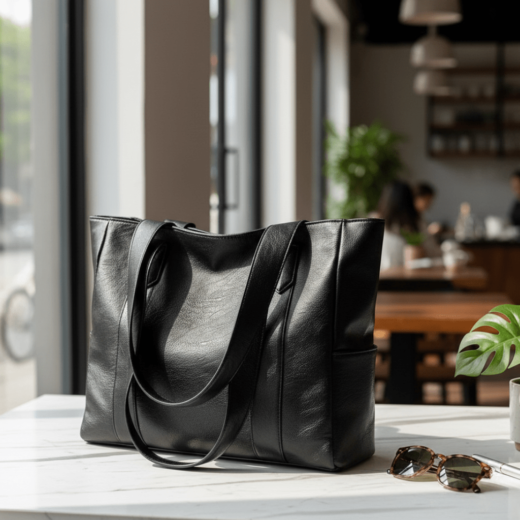 Women's PU Leather Shoulder Tote Bag with Zipper and Organized Pockets