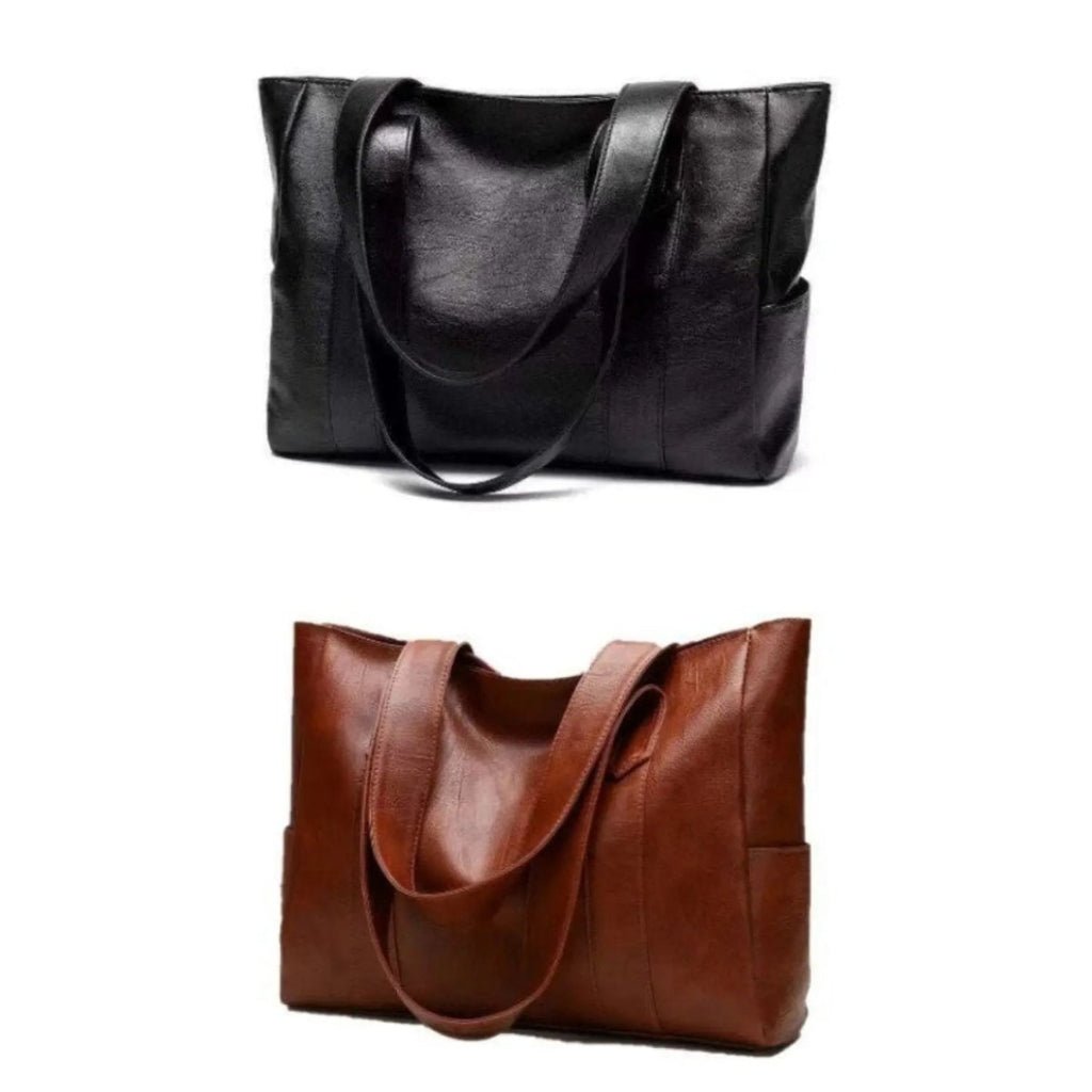 Women's PU Leather Shoulder Tote Bag with Zipper and Organized Pockets