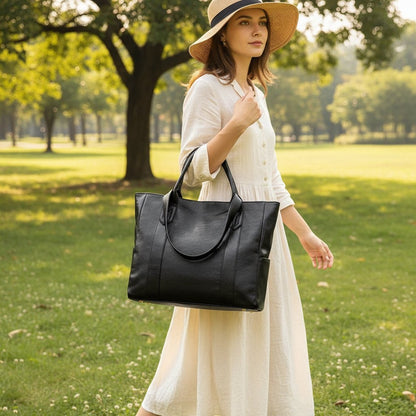 Women's PU Leather Shoulder Tote Bag with Zipper and Organized Pockets