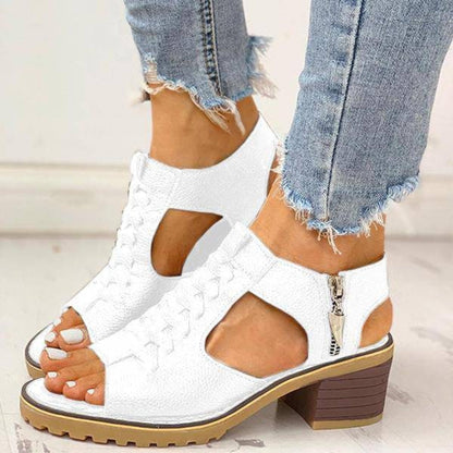 Women's Peep Toe Chunky Heel Sandals with Side Zipper Closure