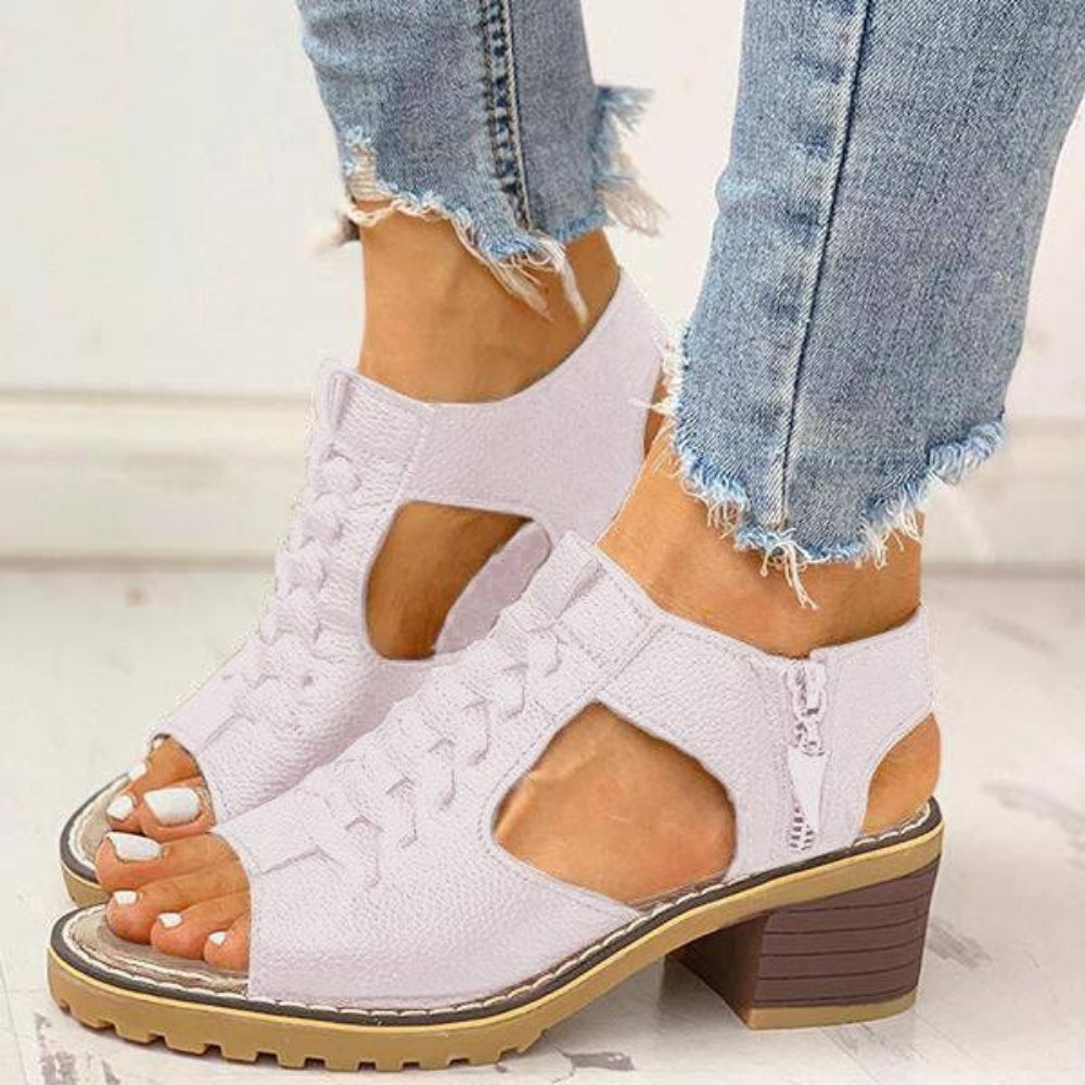 Women's Peep Toe Chunky Heel Sandals with Side Zipper Closure