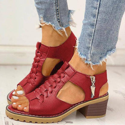 Women's Peep Toe Chunky Heel Sandals with Side Zipper Closure