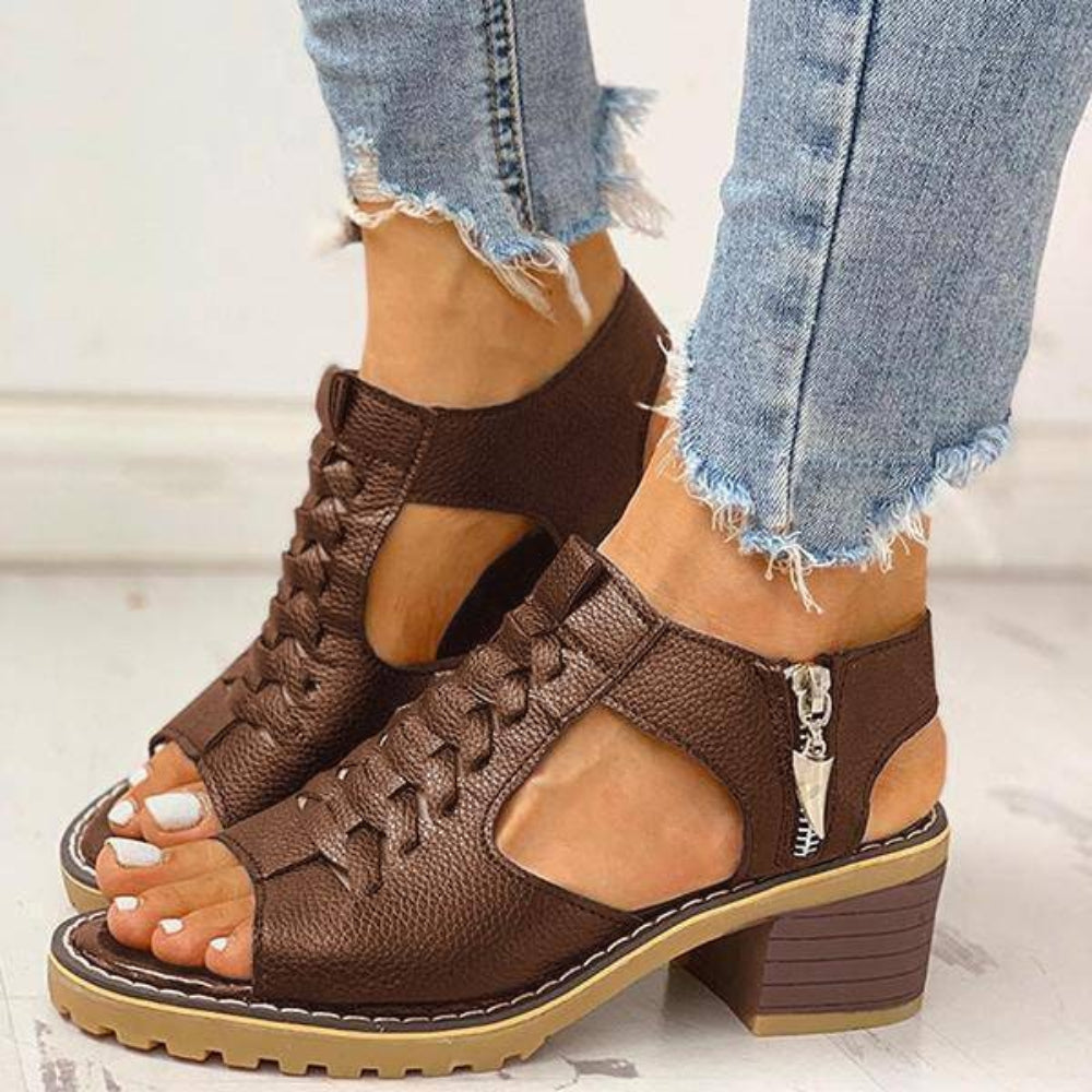 Women's Peep Toe Chunky Heel Sandals with Side Zipper Closure