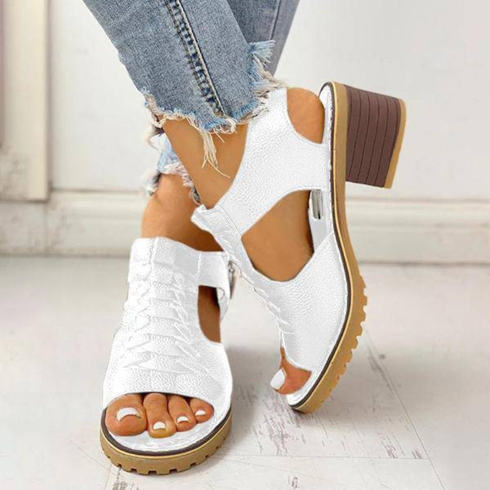 Women's Peep Toe Chunky Heel Sandals with Side Zipper Closure
