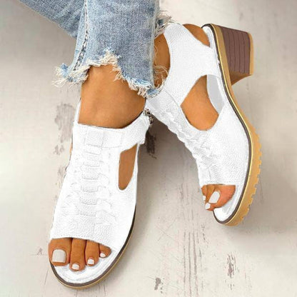 Women's Peep Toe Chunky Heel Sandals with Side Zipper Closure