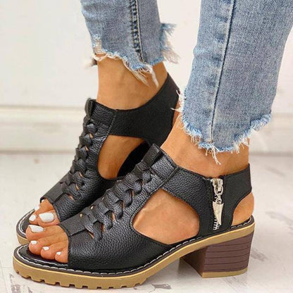 Women's Peep Toe Chunky Heel Sandals with Side Zipper Closure