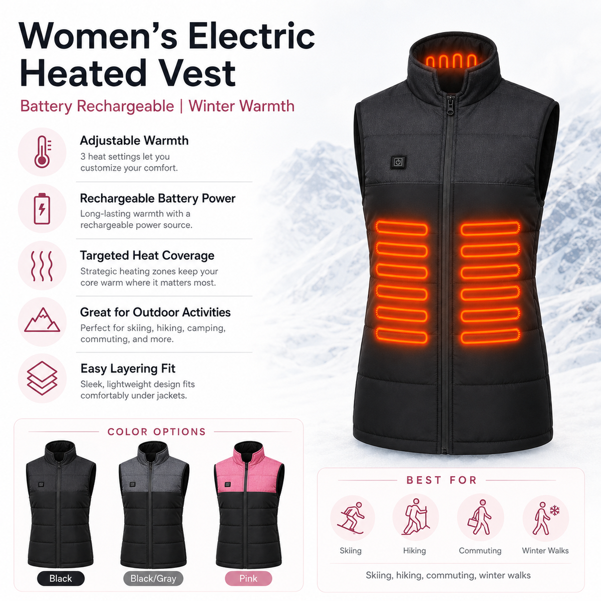 Women's Rechargeable Heated Vest with Adjustable Temperature for Cold Weather
