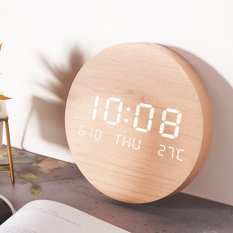 Wood Digital Clock LED Display Time Temperature Desk Clock