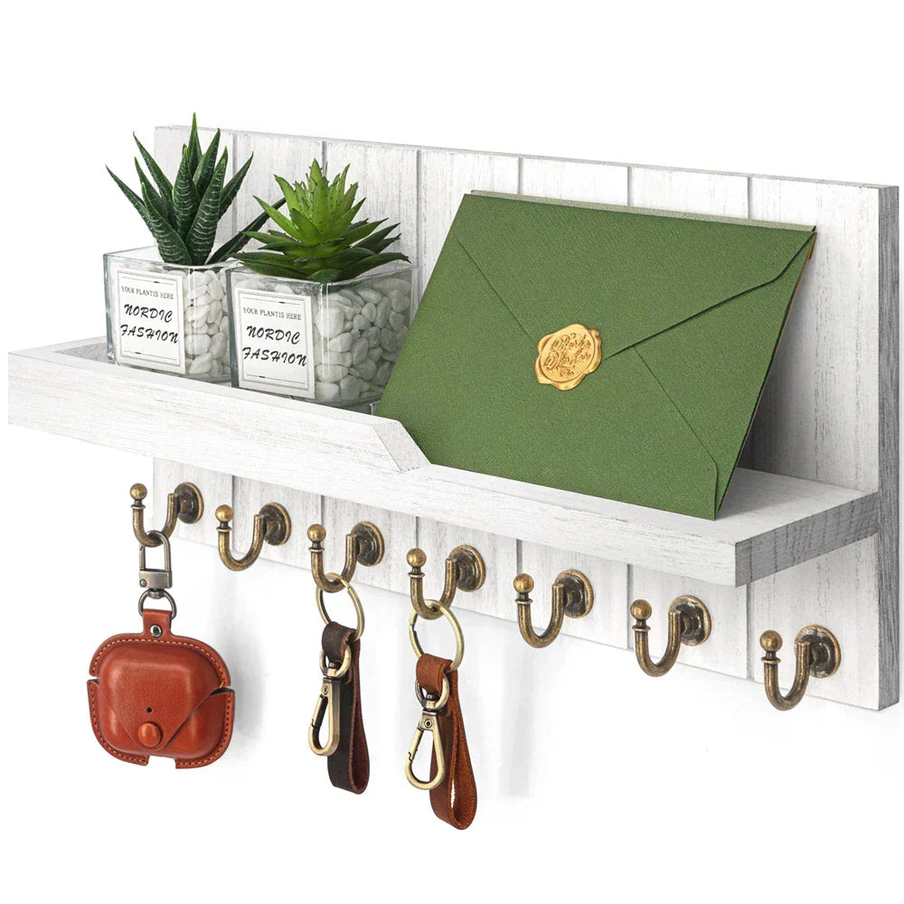 Wood Key Holder Wall Shelf Organizer Hook Rack Entryway Storage