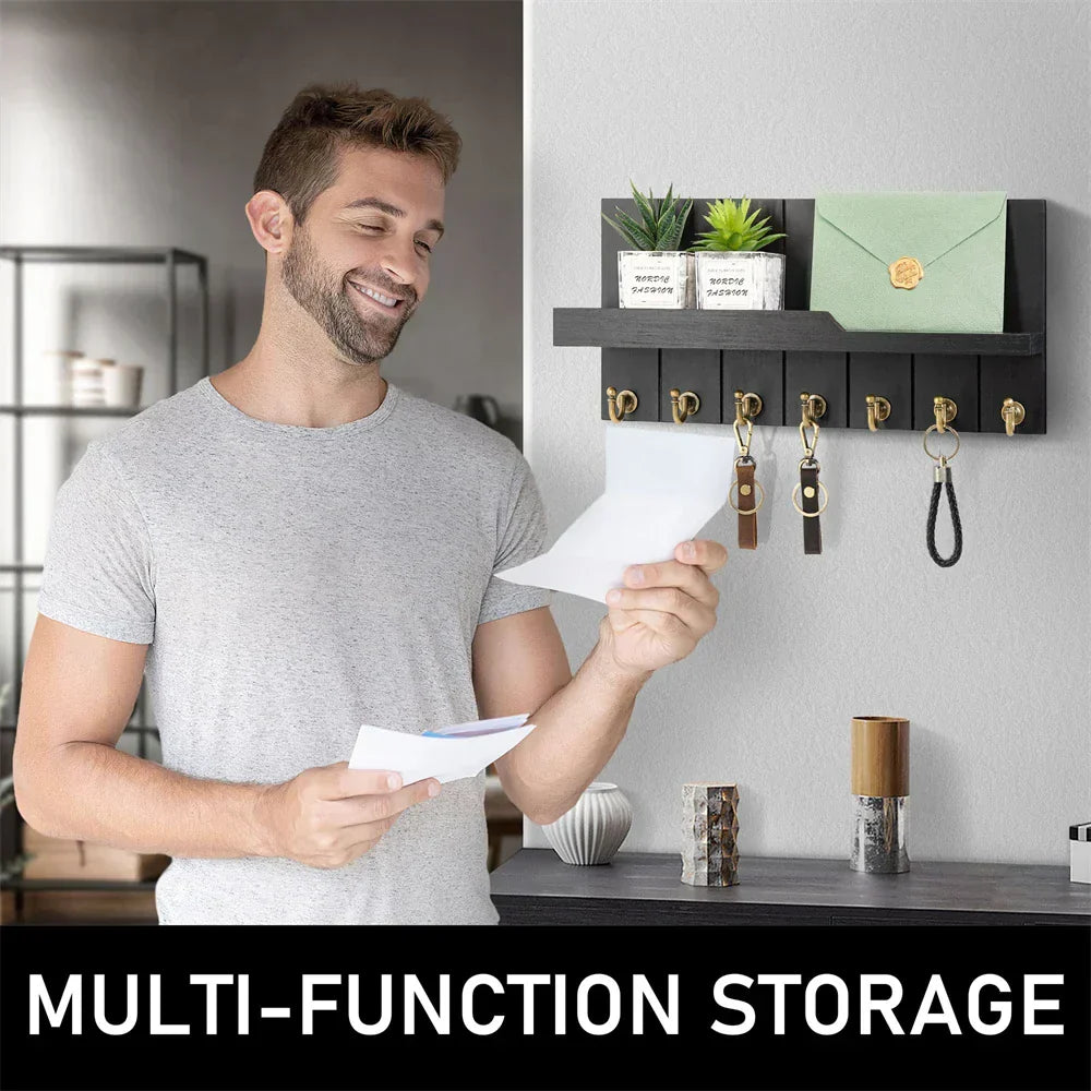 Wood Key Holder Wall Shelf Organizer Hook Rack Entryway Storage