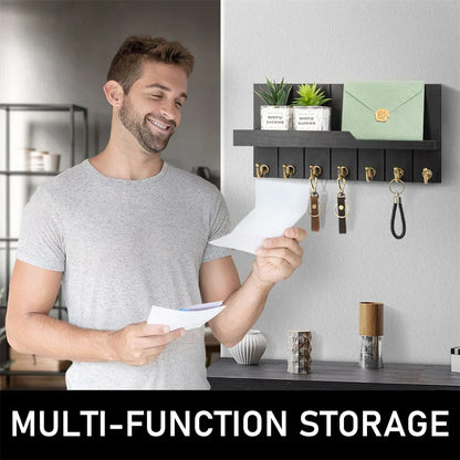 Wood Key Holder Wall Shelf Organizer Hook Rack Entryway Storage