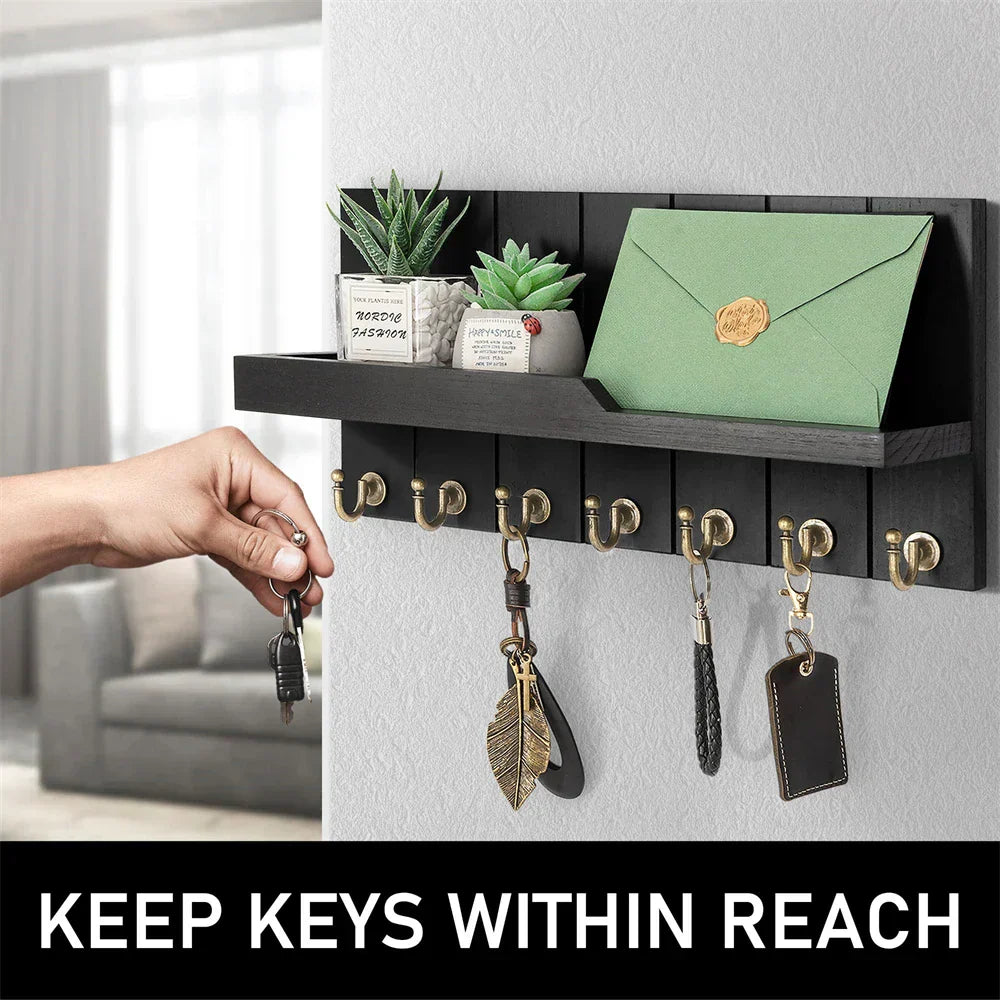 Wood Key Holder Wall Shelf Organizer Hook Rack Entryway Storage